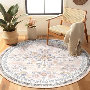 Area Rug 6ft, Vintage Floral Distress Print Pattern, Washable Non-Slip Low-Pile Indoor Carpet for Bedroom, Living Room, Dining Room & Entryway, Pink Purple (Round 6ft)