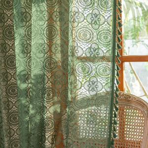 YJ YANJUN Green Boho Curtains with Tassels for Bedroom Retro Floral Pattern Knit Lace Sheer Curtains 63 Inch Length for Livingroom Country Light Filtering Crochet Drapes Set of 2 W59 x L63 (59"W x 63"L (Pack of 2))