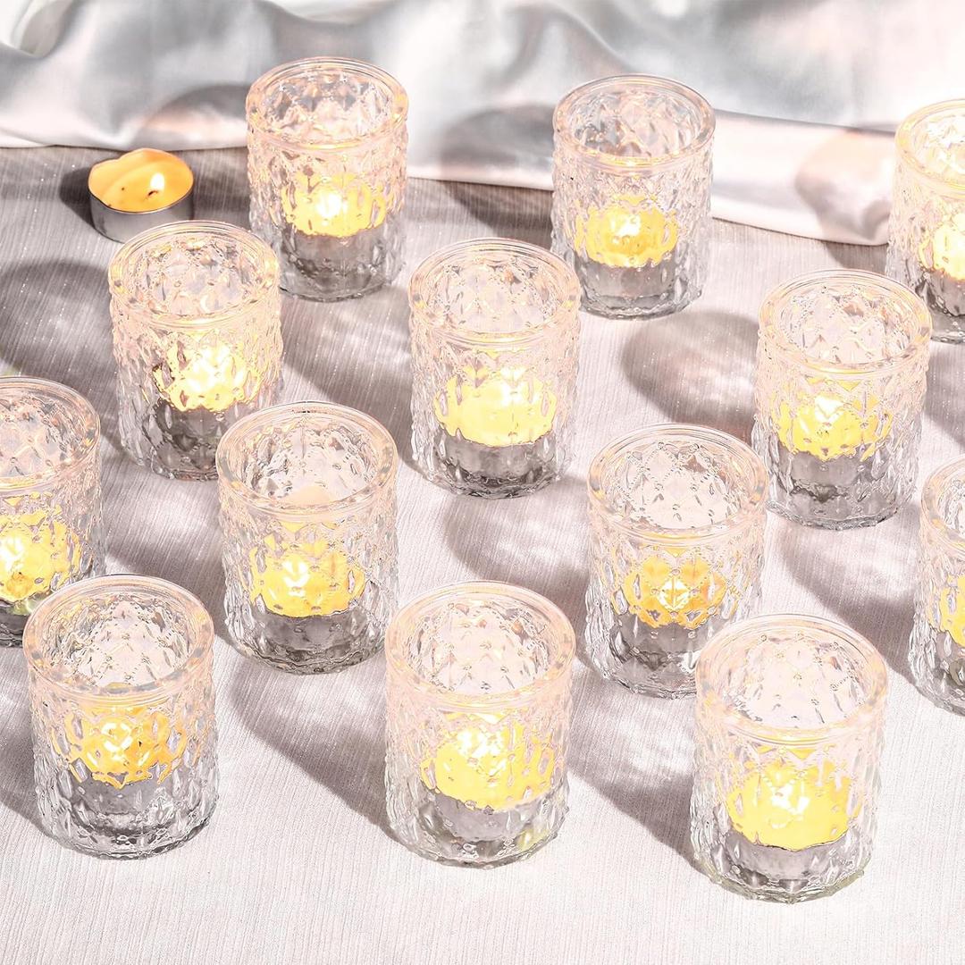 Maxdot 48 Pack Clear Glass Votive Candle Holders 2.1 x 2.6 Inch Valentine Tea Light Candleholder Bulk Xmas Glass Tealight Candlestick Holders for Table Centerpiece Home Wedding Valentine Party Decor