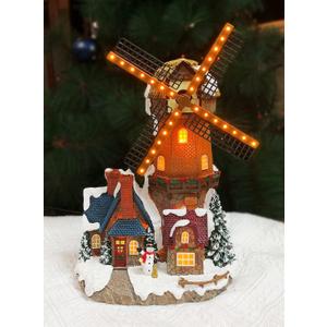 MOMENTS IN TIME Lighted Windmill Christmas Village Building LED Lights & Animation 12.2 Handcrafted House Battery Operated Holiday Decoration Gift Wrapped Ready