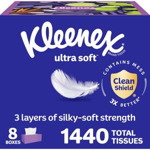 Kleenex Ultra Soft Facial Tissues, 8 Flat Boxes, 180 Tissues per Box, 3-Ply, Packaging May Vary, White