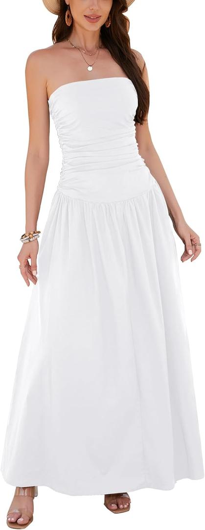 Yulaviniee Women's Strapless Tube Top Corset Maxi Dress for Wedding Guest, Elegant Party Dress (Medium, Woven-white)