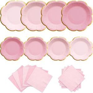 Pink Plates and Napkins Party Supplies for 20 Guests, Pink Scalloped Paper Plates with Gold Rim, Mother's Day Elegant Disposable Tableware Set for Girls Birthday Baby Shower Tea Party, 60 PCS