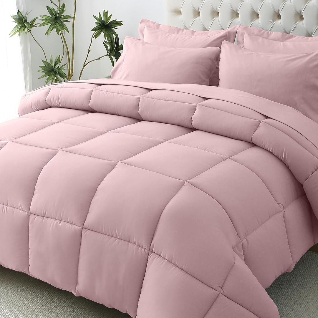 JOLLYVOGUE California King Comforter Set, Ultra-Soft Bed in a Bag Cal King Size 7 Pieces, Oeko-TEX Certified Bedding Set with Down Alternative Comforter, Sheets, Pillowcases & Shams, Camio Pink