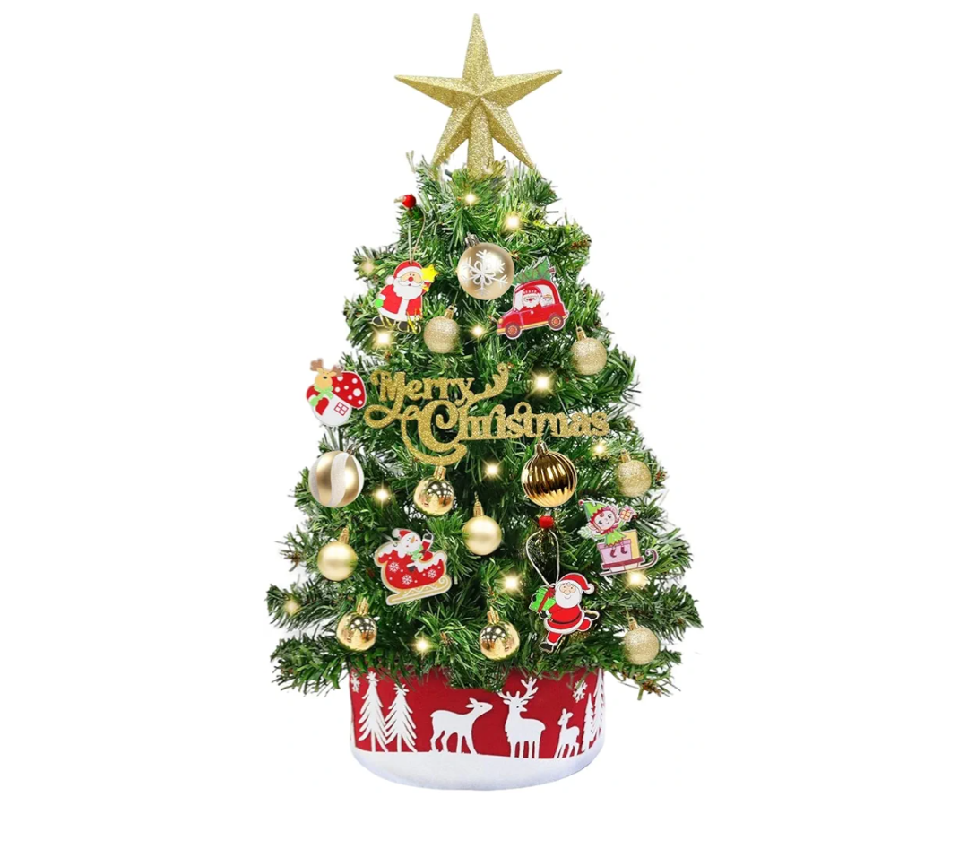 24" /2FT Mini Christmas Tree with Lights Timer 30 LEDs & 34 Ornaments, Small Tabletop Christmas Trees Artificial Christmas Decorations for Indoor Desk Room Office Home Decor Xmas