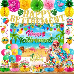 Beach Retirement Party Decorations, Aloha Party Decorations includes Happy Retirement Banner Hawaiian Backdrop and Hanging Swirls Honeycomb Centerpieces, for Aloha Decor
