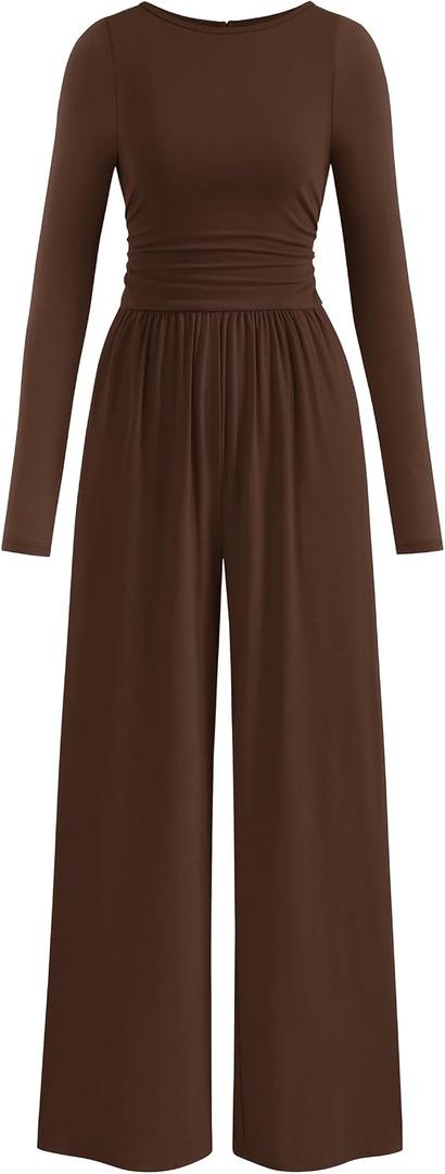 PRETTYGARDEN One Piece Jumpsuits for Women Dressy Casual Long Sleeve Crewneck Wide Leg Romper Overalls Spring Outfits 2026, XL