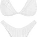 ZAFUL Bikini Sets for Women Triangle Textured Plunging High Cut Cheeky Bikini Swimsuits Two Piece Bathing Suits (White, S)