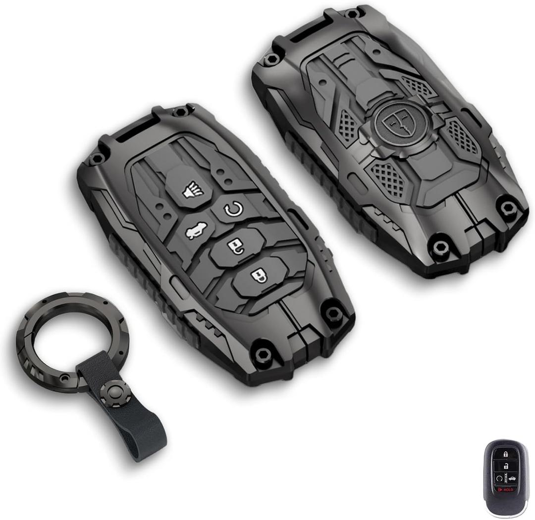 Mech Style Heavy Metal Key Fob Cover, Compatible with Honda 2022 2023 2024 2025 2026, Fit for Accord Civic HR-V CR-V Pilot SI EX EX-L etc, Zinc Alloy Key Case Protector (Model-B,Grey, 1 PC)