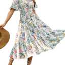 Amegoya Women's Boho Flowy Long Sleeve Square Neck Floral Midi Dress Smocked Spring Fall Wedding Guest Dresses (Medium)