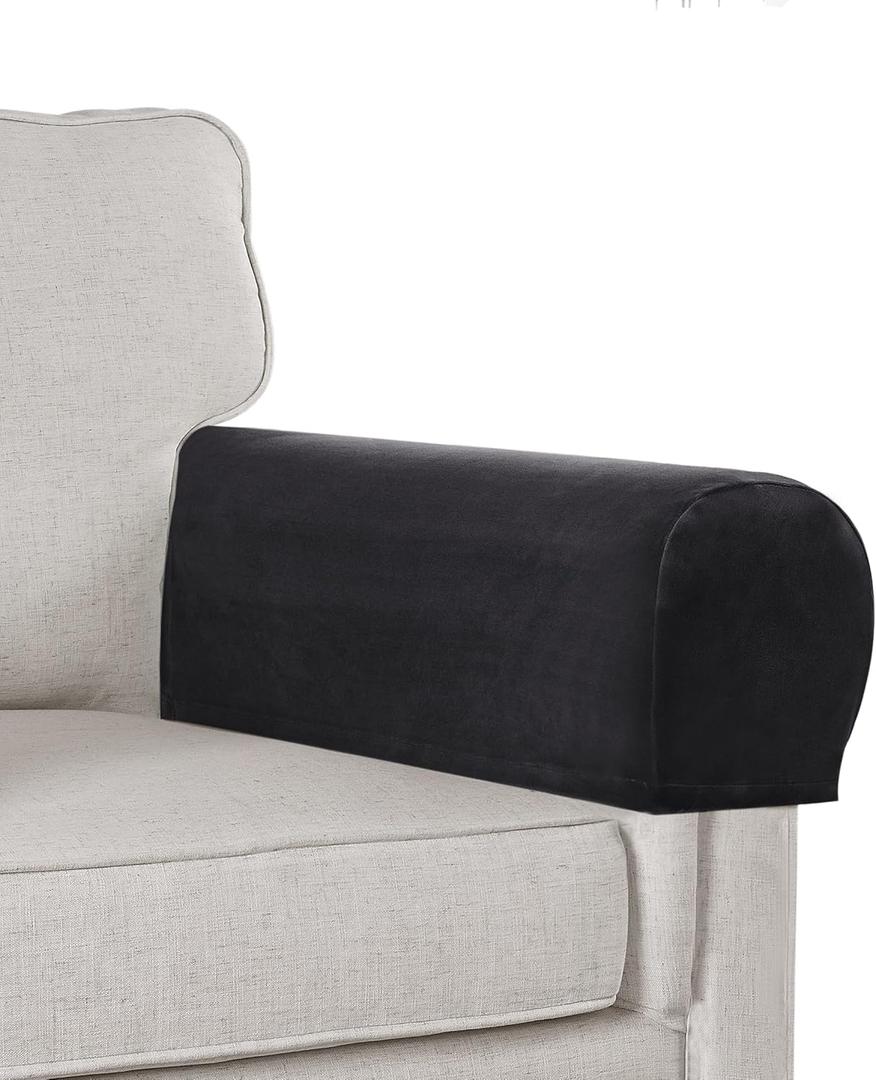 Sofa Arm Covers - Velvet Plush Anti-Slip Armrest Protectors for Chairs & Sofas, Set of 2, Black