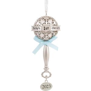 Hallmark Baby's First Christmas Silver Baby Rattle with Blue Ribbon 2023 Christmas Ornament, Premium Metal