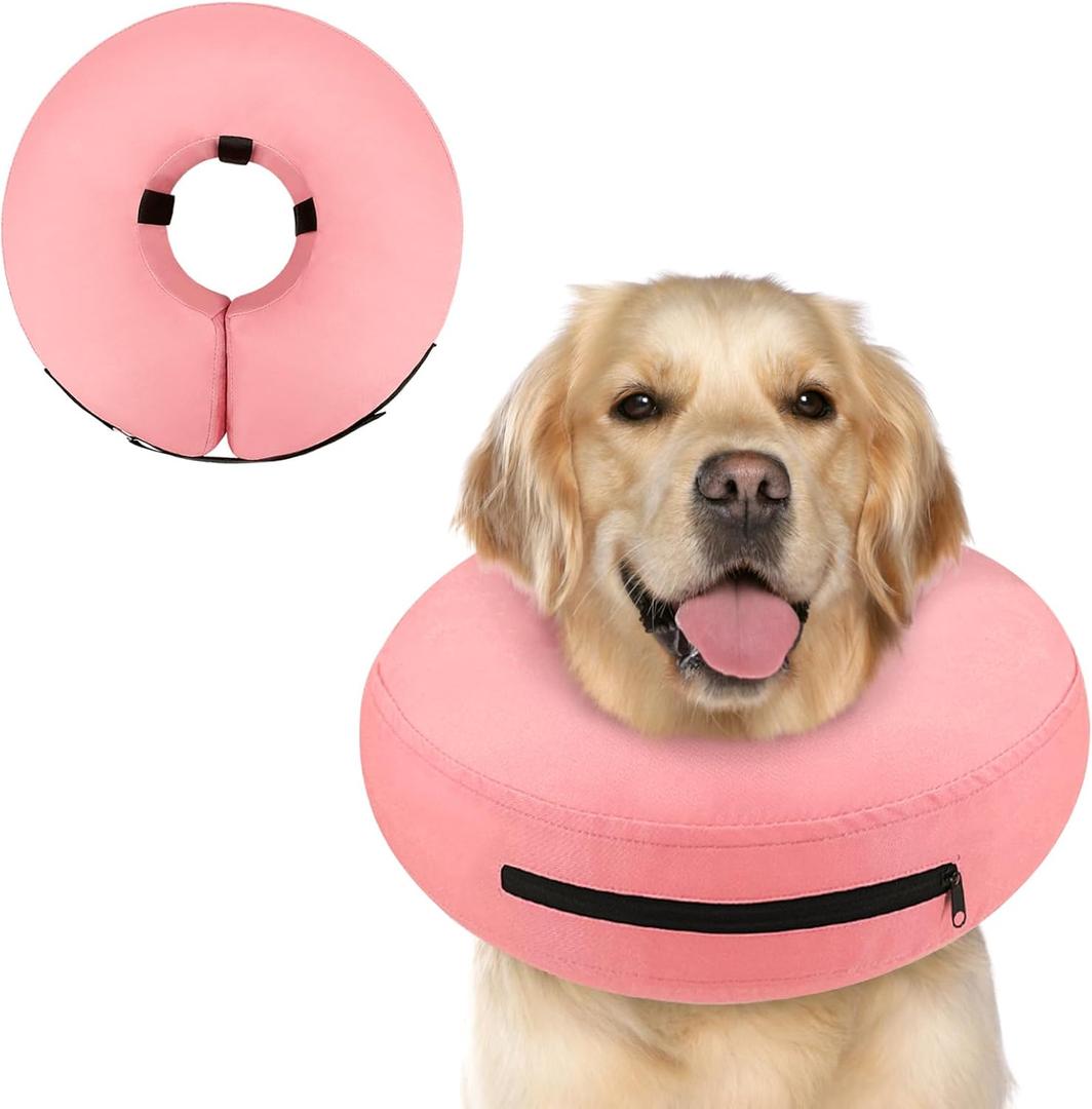 Supet Inflatable Dog Cone Collar Alternative After Surgery, Dog Neck Donut Collar Recovery E Collar to Stop Licking, Soft Dog Cone for Medium Large Dogs (XL(Neck 14"-18"), Solid Pink)