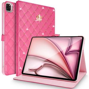Changjia for iPad Air 11Inch Case M4 (2025)/M3 (2025)/M2 (2024),iPad Air 5th/4th Gen 2022/2020 10.9-Inch, Girly Cute Crown Diamond Elegant PU Leather Smart Auto Sleep/Wake Stand Protective Case, Hot Pink (Rose Red)