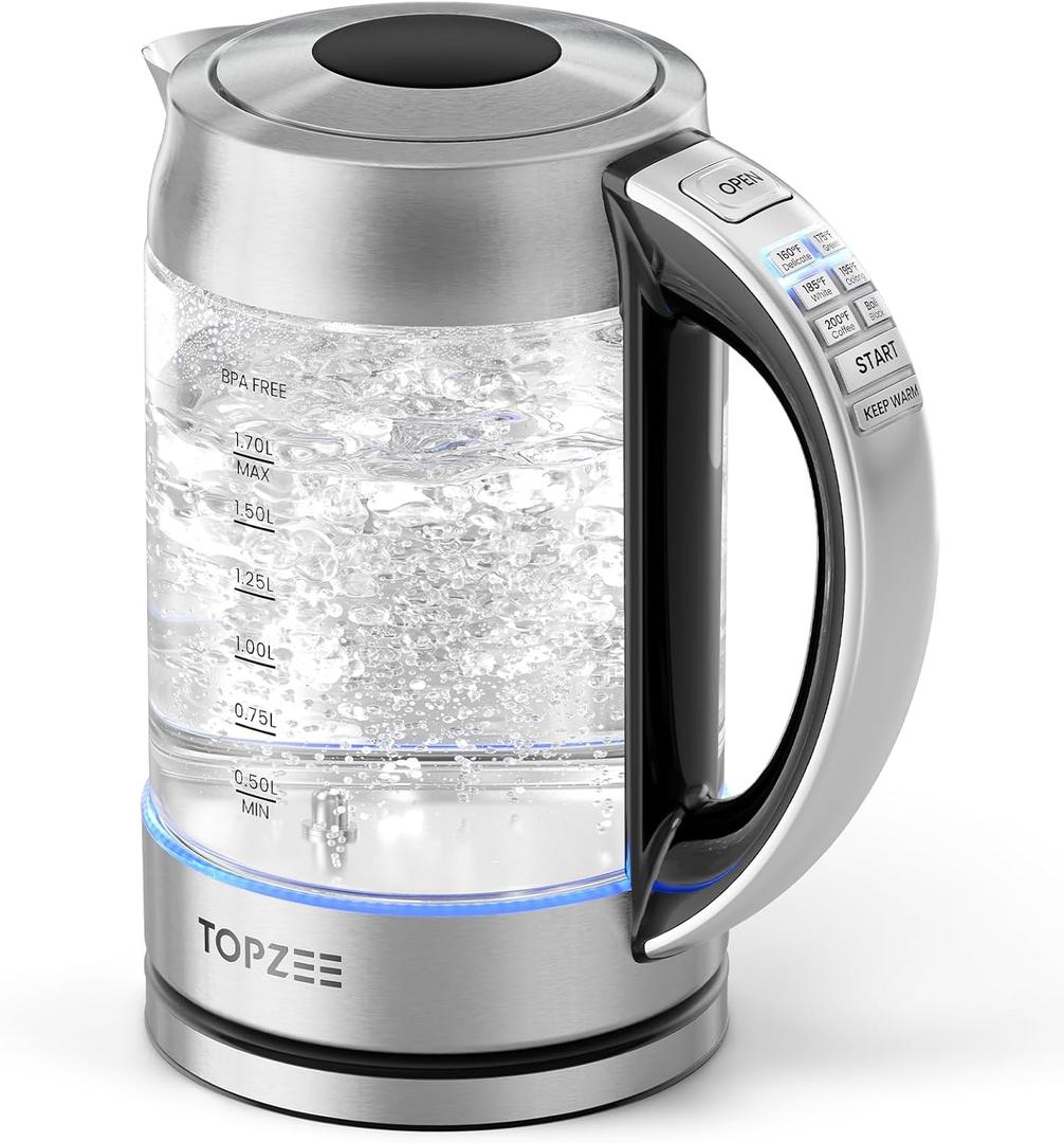 TOPZEE 1.7L Glass Electric Kettle for Coffee & Tea, Hot Water Boiler with 6 Preset Temperatures, Keep Warm and Memory Function, Auto Shutoff & Dry Boil Protection, BPA Free, Rapid Boil, 1500W, Silver