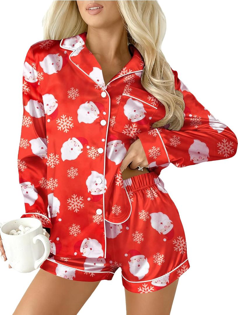 MYHALF Christmas Santa Pajama Set Women Christmas Pajamas Xmas Long Sleeve Sleepwear 2 Piece Button Down Pjs Lounge Set (Large)