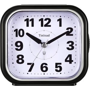 4.5" Compact Analog Alarm Clock, Silent Readable for Seniors, Easy to Set, Gradual Rise Alarm, Big Numbers, On/Off Switch on Side, Gentle Wake, Snooze, Lighted on Demand, Battery Operated, Black