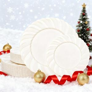 U-QE 60 Pcs Christmas Plastic Plates for Party  Scalloped Ivory Plastic Plates Heavy Duty & Elegant  Include 30 10.25" Dinner & 30 7.25" Dessert Plates - Perfect for Weddings, Christmas and Parties