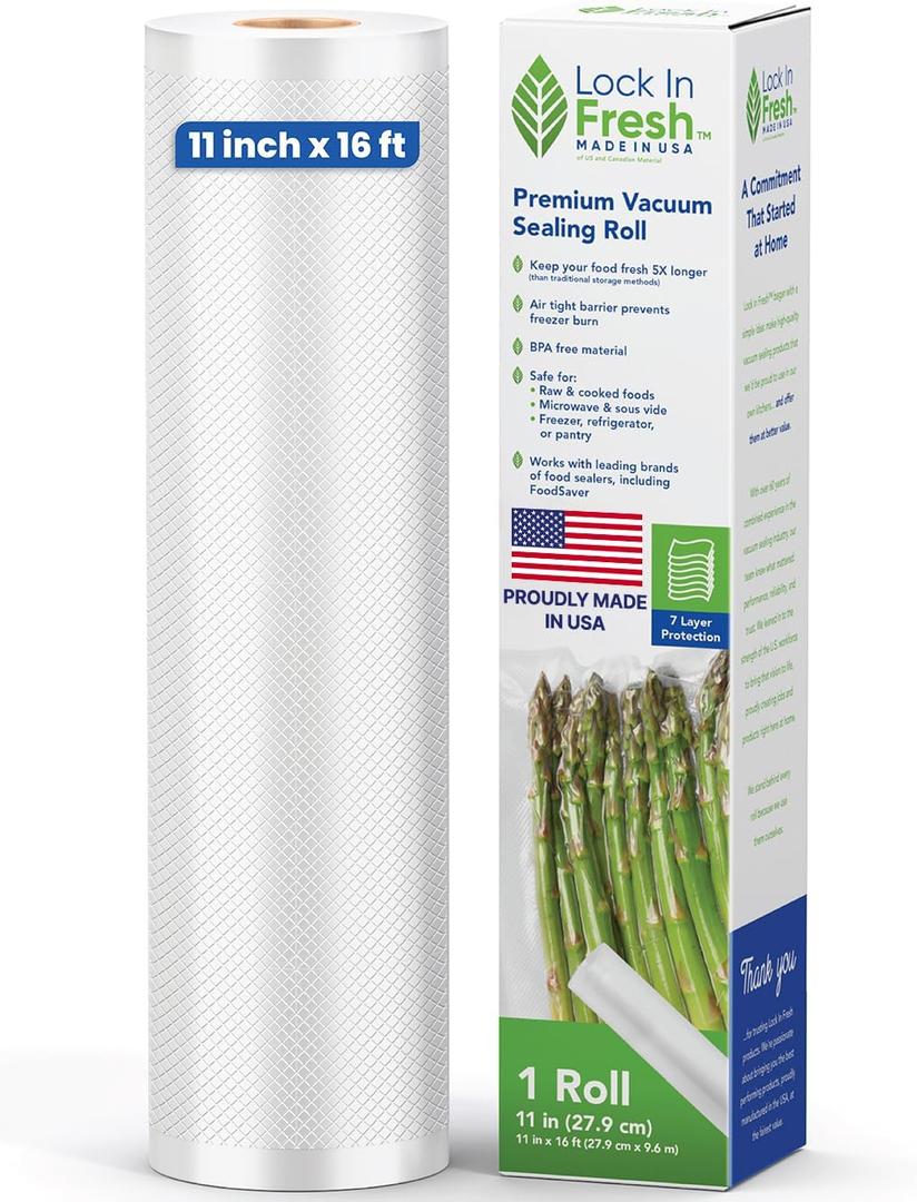 Vacuum Sealer Bags for Food - Heavy Duty Food Saver Vacuum Sealer Bag Rolls - Sous Vide, Seal a Meal Bags, 1-pack, 11" x 16' - Made in the USA