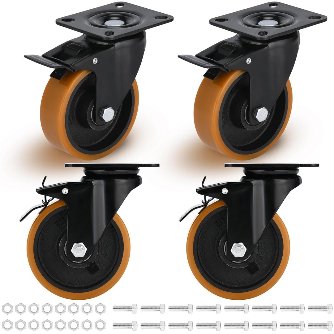 5 inch 3000lbs Caster Set of 4 Heavy Duty Caster Wheels Metal Casters Swivel Casters with Brake Industrial Grade Steel Hub PU Non Marking Castor Wheels for Cart Furniture Workbench
