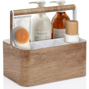 BYUNER Shower Caddy Portable for College: Devided Bathroom Caddy Shower Basket for Dorm with Handle, Plastic Bathroom Counter Organizer Storage Tote Bin for Dorm,Kitchen,Cabinet, Wood Grain