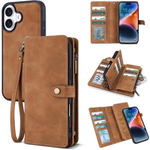 TwoHead Wallet Case Compatible with iPhone 17,Detachable,Magnetic,11 Cards Holder,PU Leather All-Round Protective Phone Case with Change Pocket(6.3 in,Brown)