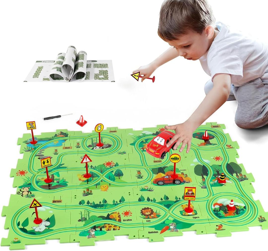 Puzzle Track Car Play Set, Plastic Puzzles for Kids with Vehicles, Railcar Puzzle, Car Tracks for Toddlers, Toys Gifts for 3 4 5 6 Year Old Boys, Toddler Boy Toys 3-4