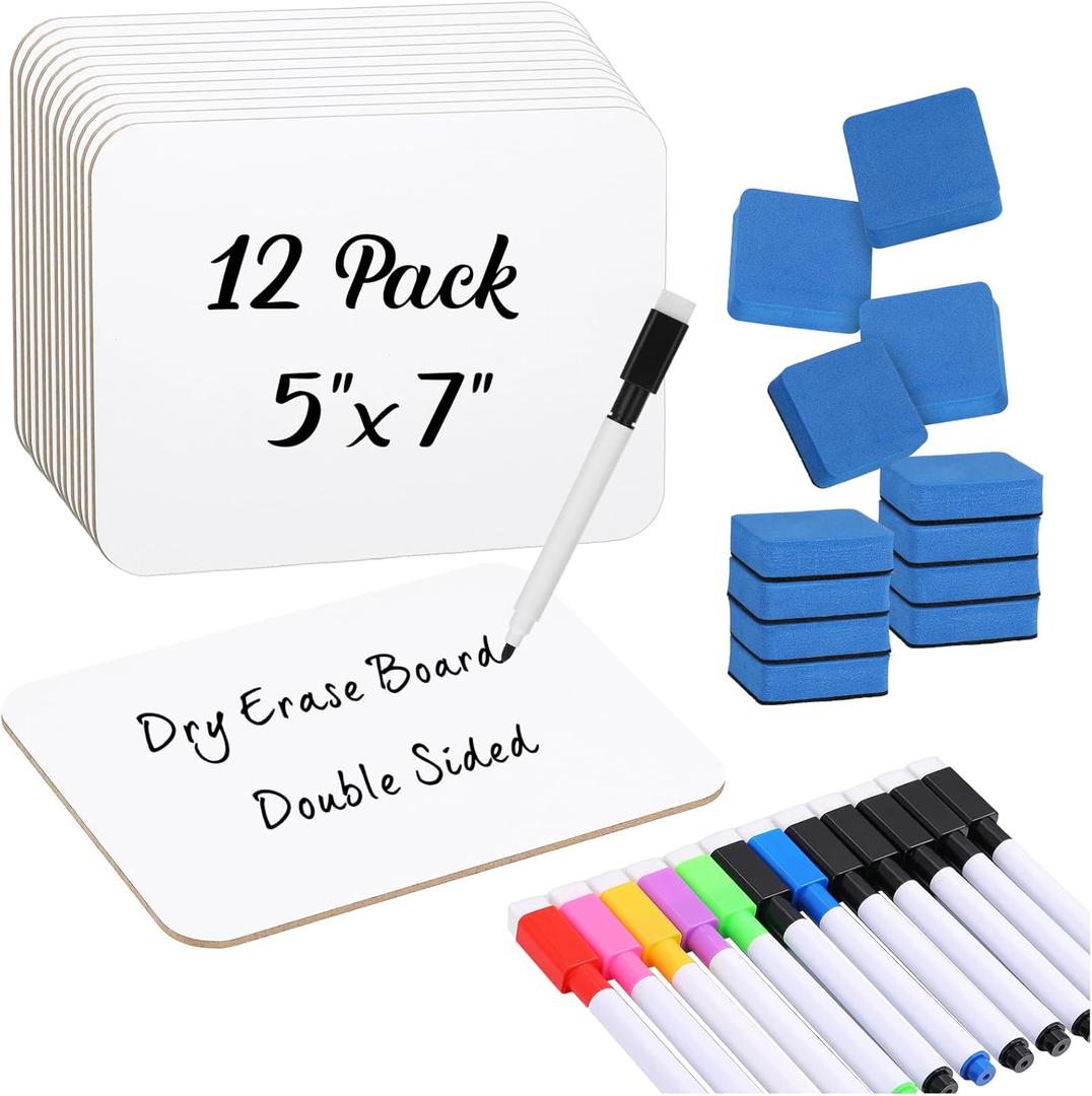 12 Sets Small Whiteboard Dry Erase Boards 5" x7'' Mini Double Sided Dry Erase Lap Boards with Markers Erasers Pen Holders Personal Whiteboards for Students Classroom Teacher