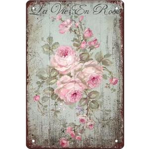 Shabby Chic Romantic Rose Print Vintage Flower Metal Tin Signs Wall Decor - Rustic Country Farmhouse Bathroom Metal Signs for Home Bedroom 8x5.5 Inch