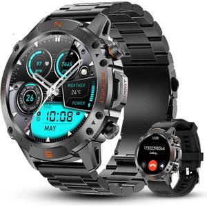 WalkerFit Military Rugged Smart Watch for Men 1.43" AMOLED Smartwatch,Alway-on,3ATM Waterproof for Swim,Accurate HR Sleep Monitor,Bluetooth Call Fitness Watch for iPhone Andriod Compatible,Steel Band (Black Stainless Steel)