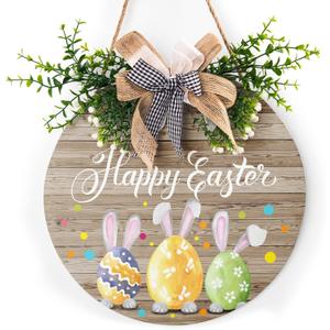 Happy Easter Wooden Hanging Sign Colorful Eggs Bunny Sign Door Decoration Rustic Easter Wood Wreath Sign for Spring Holiday Front Door Wall Rustic Farmhouse Porch Decor 12 x 12 Inch