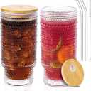 16 Oz Glass Cups with Lids and Straws, Vintage Embossed Glassware for Whiskey Cocktail Beer, Iced Coffee Cup with Lid, Glass Tumbler (2 PACK)