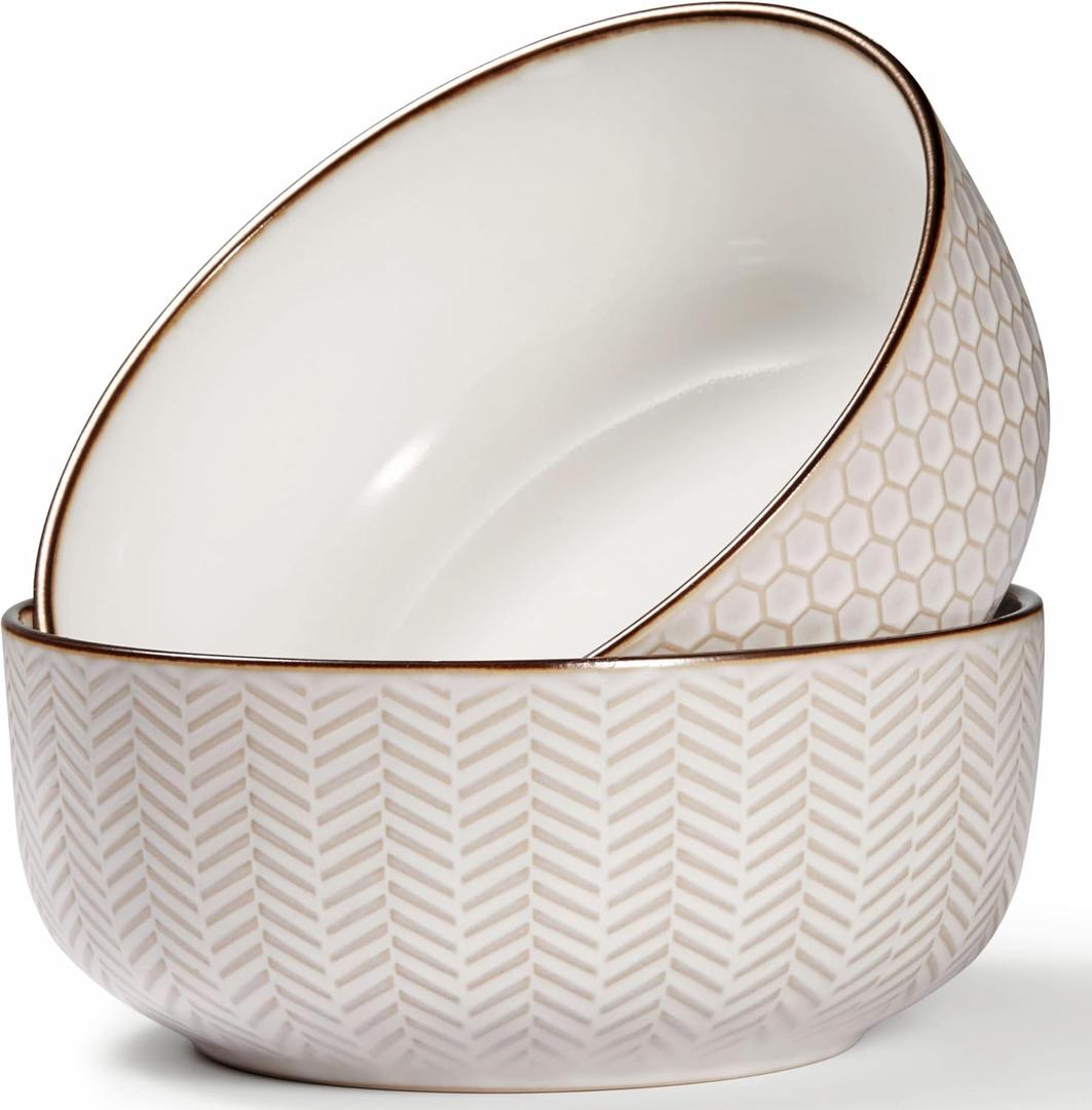 KooK Ceramic Salad Bowls, Embossed Large Kitchen Bowls, For Serving Pasta, Soup, Fruits, Microwave and Dishwasher Safe, Cream with Dark Copper Accents, Set of 2, 60 oz, Narbonne Collection
