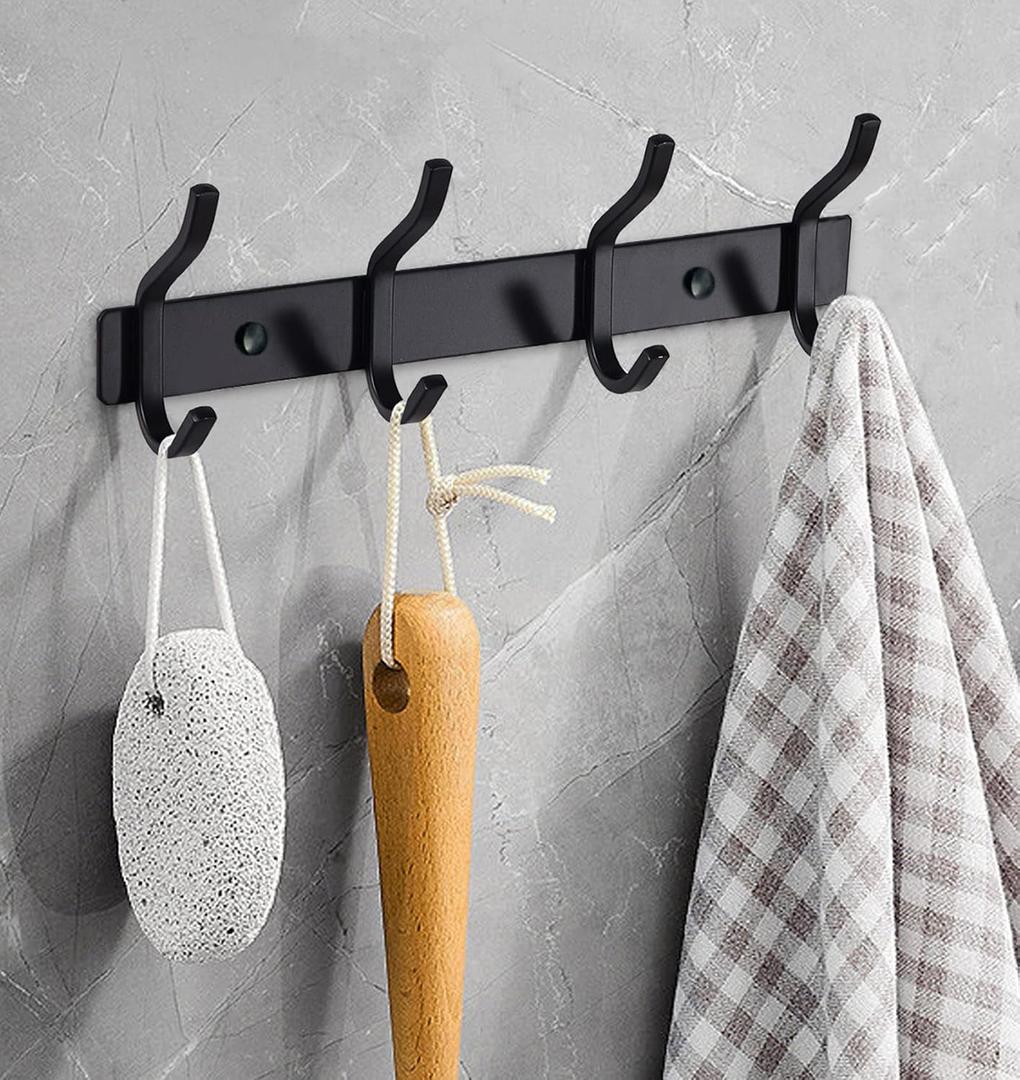 Black Wall Hooks, 12 Inch Coat Rack Wall Mount with 4 Hooks, Wall Hooks for Hanging Backpack, Bag, Purse, Clothes, Hat, Coat, Towel | Entryway & Bathroom Storage Organization Hanger