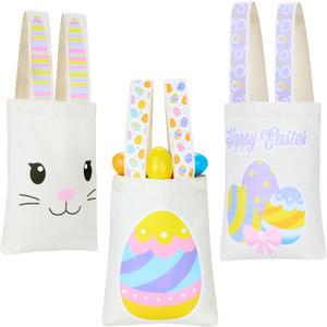 JOYIN 3 PCS Easter Reusable Canvas Gift Bags with Handles, 10x 8 Large Bunny Easter Gift Treat Candy Bags Bulk Basket for Kids Party Favors and Egg Hunt
