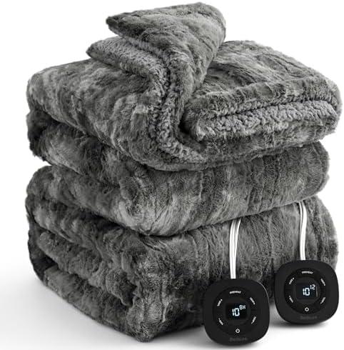 Bedsure Electric Blanket Queen Size - Faux Fur Sherpa Heated Blanket Queen, Fast Heating with 10 Heating Levels & 10 Time Settings, 8 Hours Auto-Off (84x90 inches, Grey)