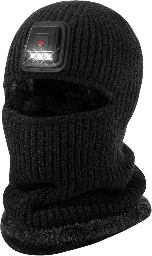 Winter Balaclava Knitted Ski Mask with LED Light - Fleece Lined Full Face Cover Windproof Snow Mask for Skiing, Motorcycling
