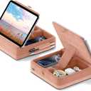 KDD Tablet Pillow Stand with Storage, Foldable iPad Holder for Bed, Lap and Desk, Angle Adjustable Soft Pad Dock with Stylus Mount Compatible with iPad Pro 12.9, 10.5, 11, Air, Mini, Phones, Books (Peach Fuzz)