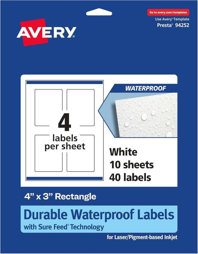 Avery Durable Waterproof Rectangle Labels, Sure Feed Technology, 4" x 3", 40 Total, Oil and Tear-Resistant Waterproof Labels, Print-to-The-Edge, Laser/Pigment-Based Inkjet Printable