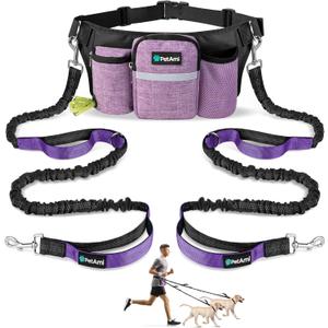 PetAmi Premium Hands Free Dog Leash for 2 Dogs, Adjustable Waist Belt Leash for Dog Walking, Fanny Pack Accessories Bag Dual Bungee Leash for Running, Hiking, Jogging, Biking, Purple