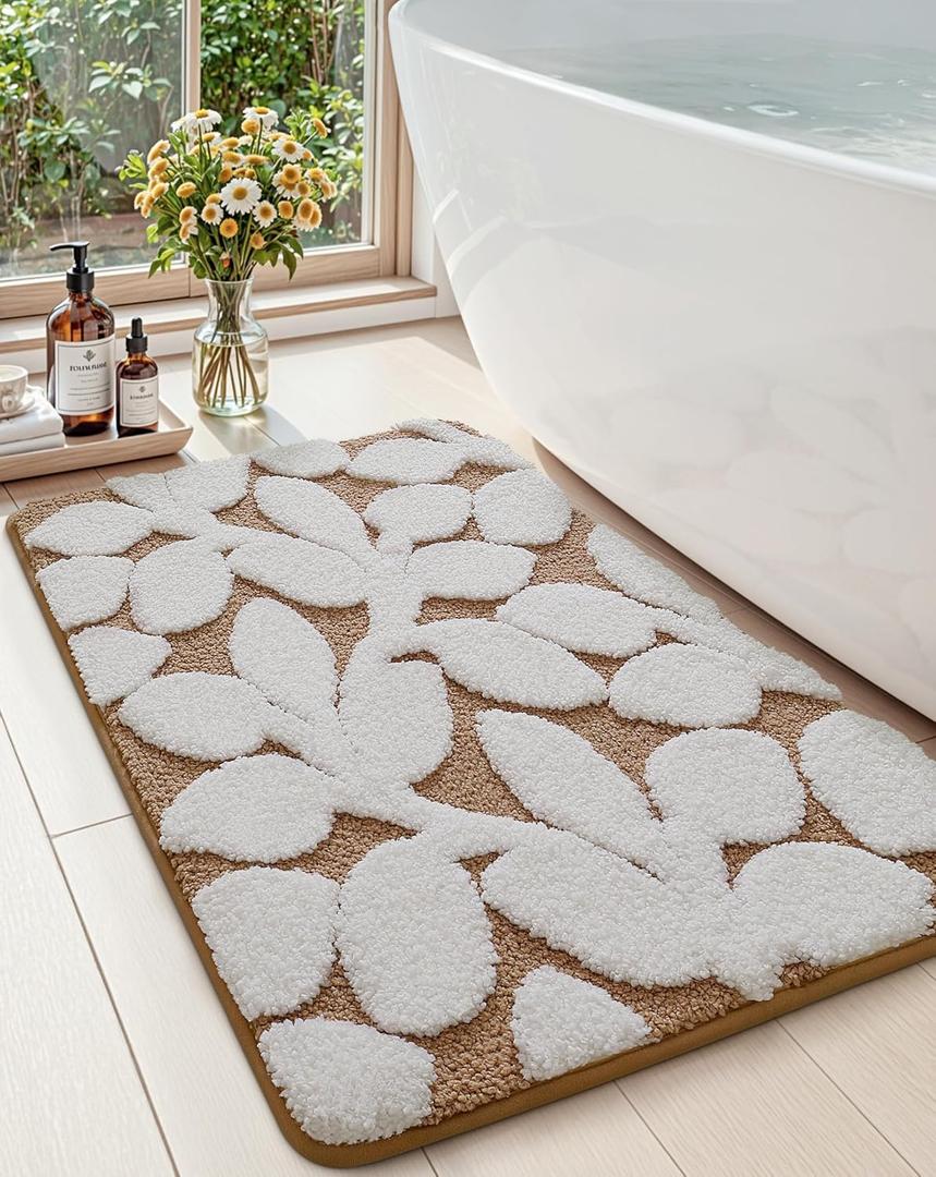 DEXI Bathroom Rugs 20x32, Boho White Leaf Bath Mat, Non Slip Washable Absorbent Quick Dry Bath Rugs, Extra Soft Plush Microfiber Bathmat for Shower Floor, Tub, Sink, Brown