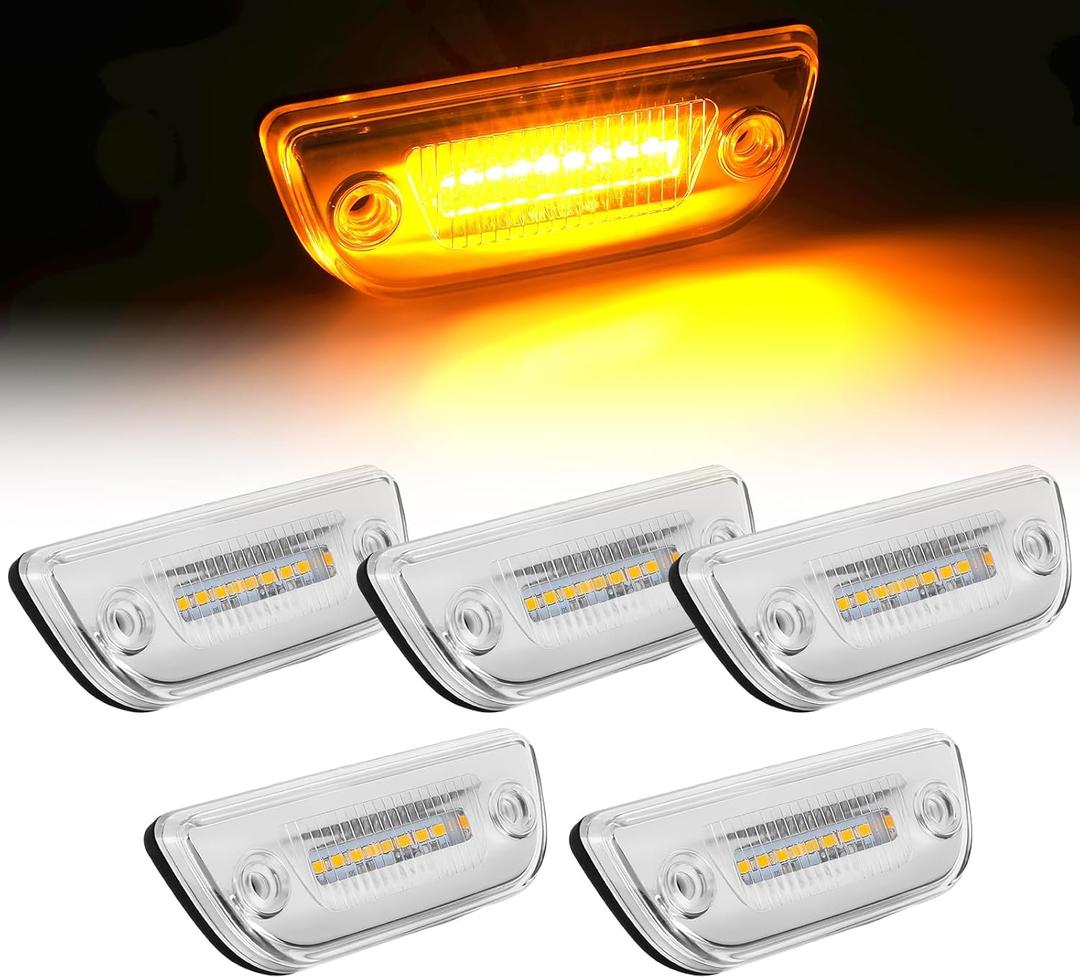 5PCS Amber LED Cab Marker Roof Running Lights Fits for Kenworth T680 T700 T880 & Peterbilt 579, Clear Lens 9-LED High Brightness Clearance Marker Lamps, Waterproof Top Roof Cabin Lights Kit