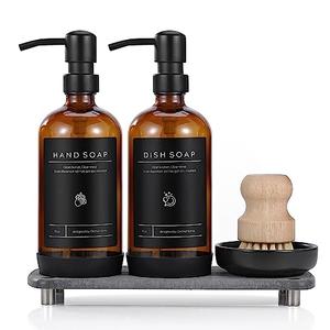 [Luxury] Kitchen Soap Dispenser Set - 16OZ Amber Glass Bottle, Instant Dry Tray, Non-Slip Silicone Pad, and Dish Brush | Upgrade for Your Kitchen and Bathroom, No Stainless Steel Pump, 1 Non-Slip Silicone Pad, Waterproof Labels