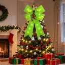 22'' x 15'' Lime Green Bow Christmas Tree Topper with LED String Lights Extra Large Faux Fur Furry Green Christmas Bows for Tree Door Wreath Window Fireplace Stair Railings Decor