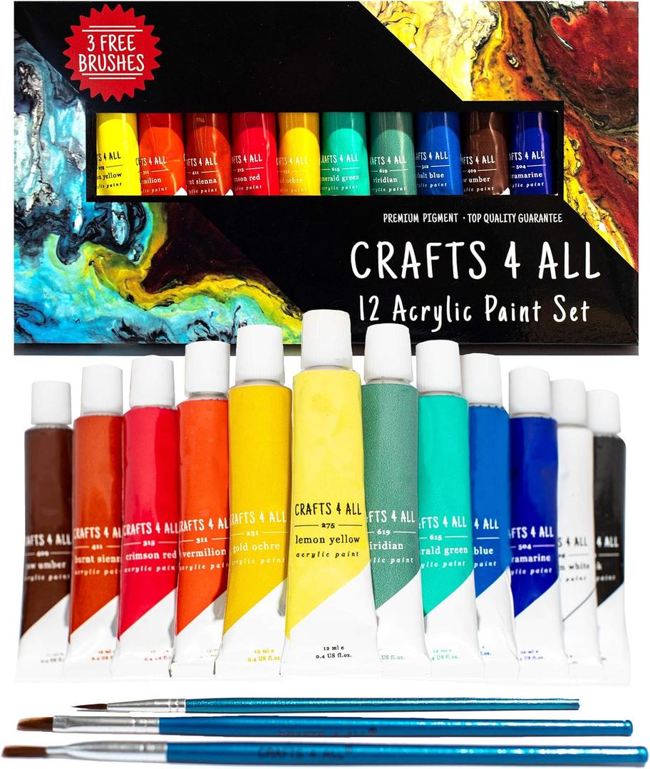 Crafts 4 All Acrylic Paint Set - Art Paints for Canvas, Model Painting, Wood, Ceramics and Fabric - Craft Supplies with 3 Artist Brushes for Adults & Kids, 12 Pack, 12mL