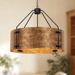 Farmhouse Drum Chandelier, 4-Light, 22in Pendant Light Fixture With Adjustable Chain, Kitchen Island Pendant Over Table, Rustic Industrial Chandelier for Dining Room, Bedroom, Living Room, Foyer