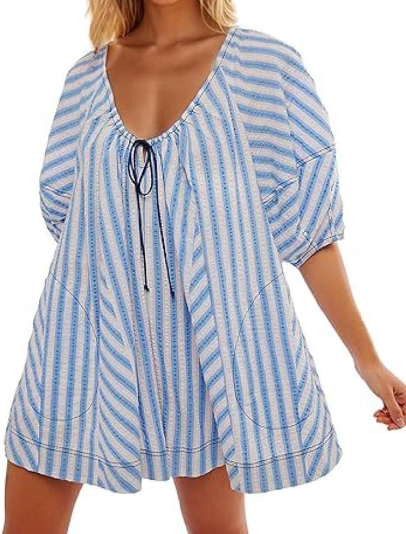 Y2k Shorts Romper Tie Front Casual Maternity V Neck Vacation Cute Puff Sleeve Summer Tshirt Rompers (Large, Blue)