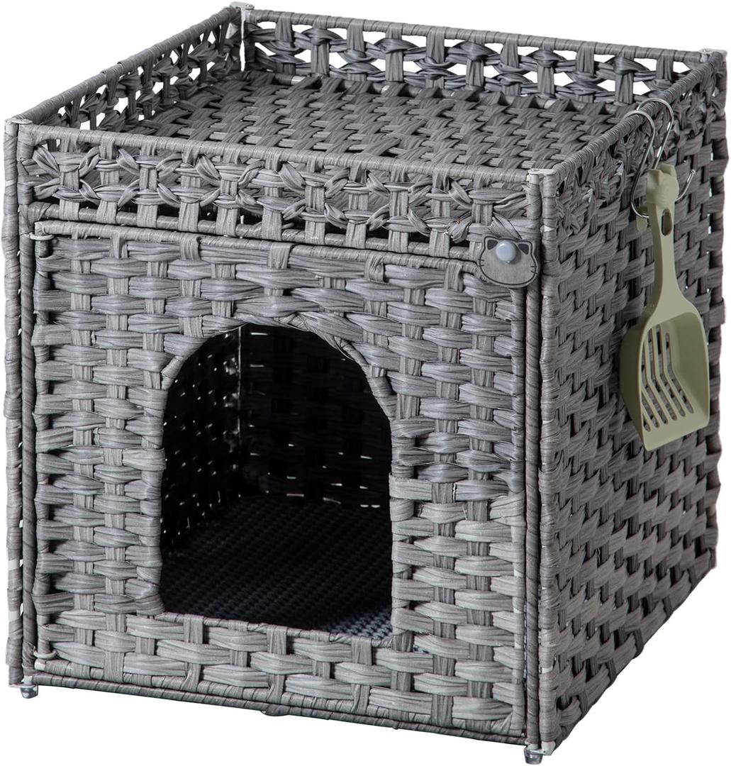 Cat Litter Enclosure with Hidden Litter Mat and Rattan Cat House, Supports Two Litter Boxes, Ideal for Living Room or Bedroom (Gray)