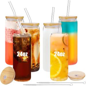 6 Pack 24oz Drinking Glasses Iced Coffee Cups Can Tumbler Glasses with Bamboo Lids and Straws Tumbler Glasses Cups Can Shaped Glass Gups Large Drinking Can Cups for Boba Smoothies Soda Juice Tea