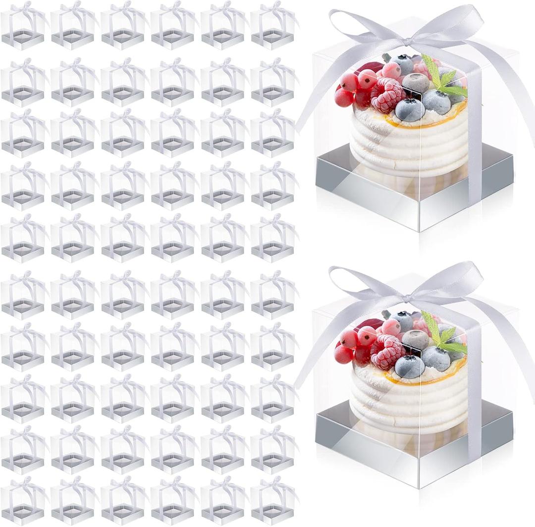100 Pieces Individual Clear Cupcake Boxes 3.5 Inch Plastic Silver Cupcake Containers Single Cookie Carrier with Inserts and Ribbon Transparent Cupcake Holder for Wedding Birthday Party Favors